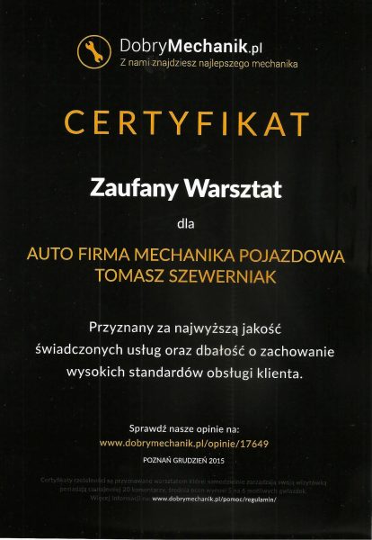 Certyfikat Dobry Mechanik