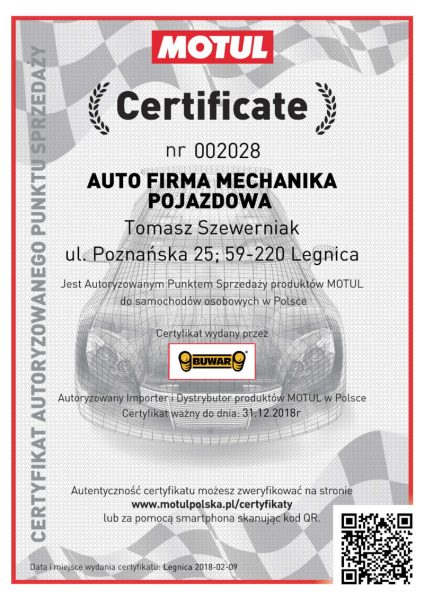 Certyfikat Motul 2018